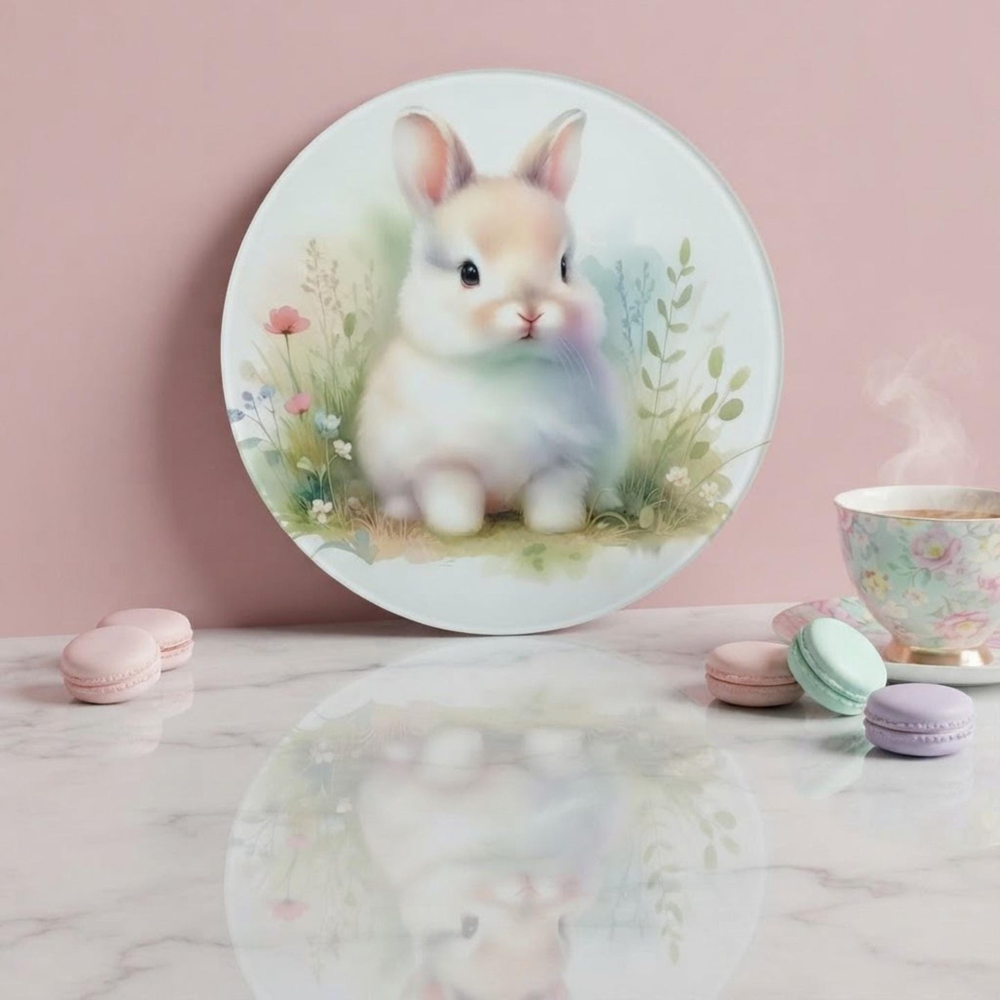 Glass Cutting Board, Bunny Design, 7.9-Inch Round Tempered Surface