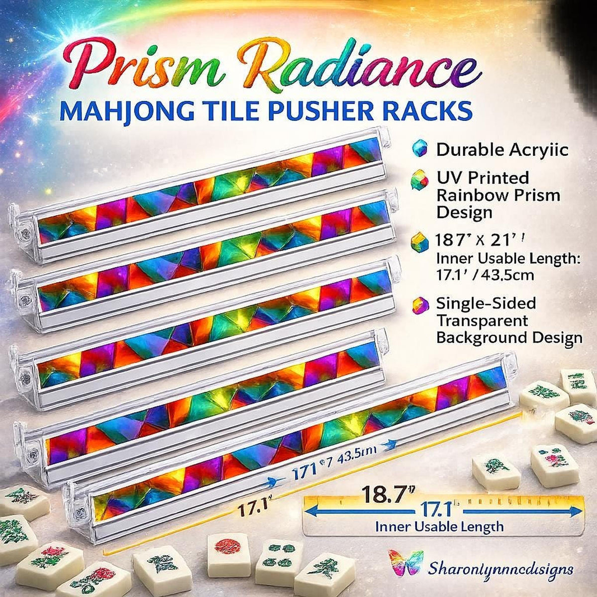 Mahjong Tile Pushers – Set of 4 Prism Radiance Acrylic Racks with Rainbow Design