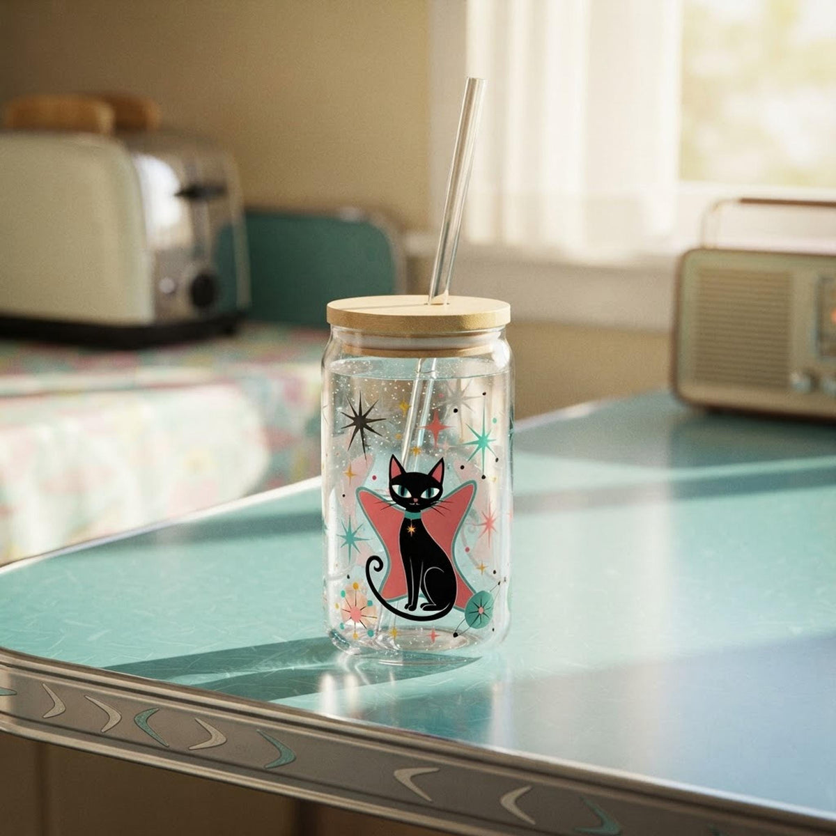 Retro Cat Tumbler, 16oz Clear Sipper Glass with Bamboo Lid and Straw