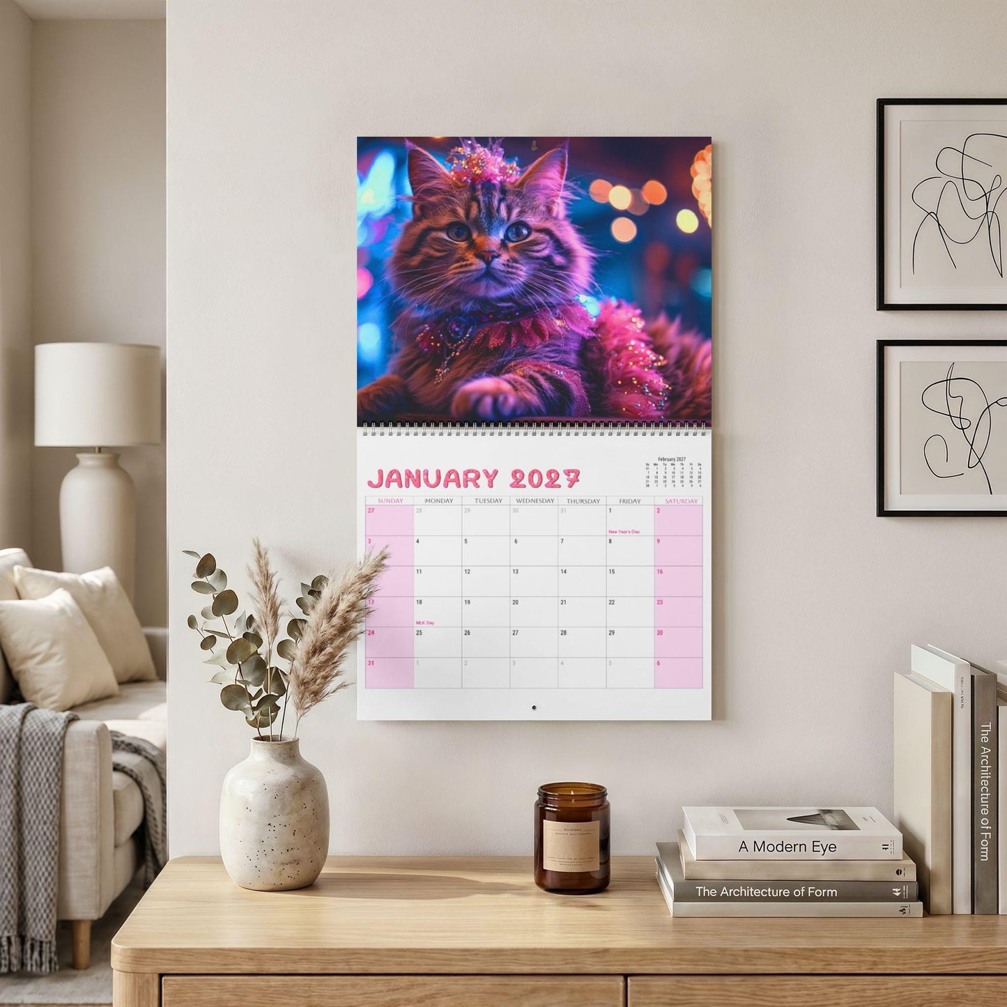 Cat Wall Calendar, Monthly Spiral Wire Binding with Writable Matte Grids