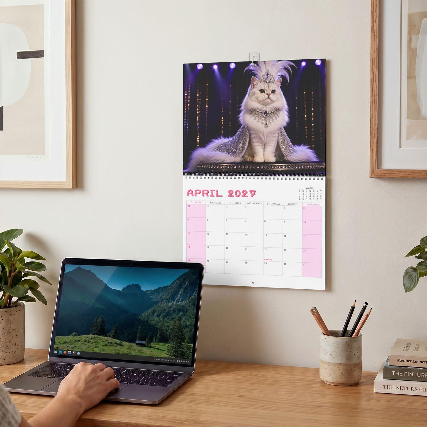 Cat Wall Calendar, Monthly Spiral Wire Binding with Writable Matte Grids