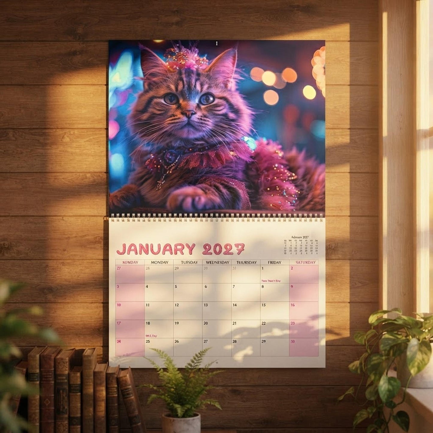 Cat Wall Calendar, Monthly Spiral Wire Binding with Writable Matte Grids