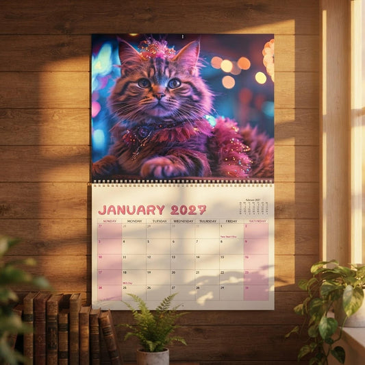 Cat Wall Calendar, Monthly Spiral Wire Binding with Writable Matte Grids