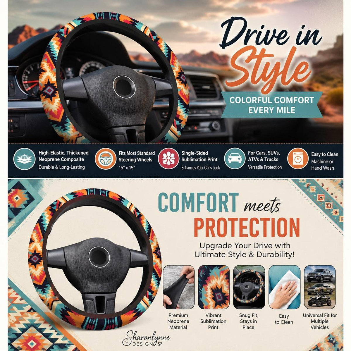 Aztec Steering Cover, Durable Neoprene Wheel Protector with Tribal Design