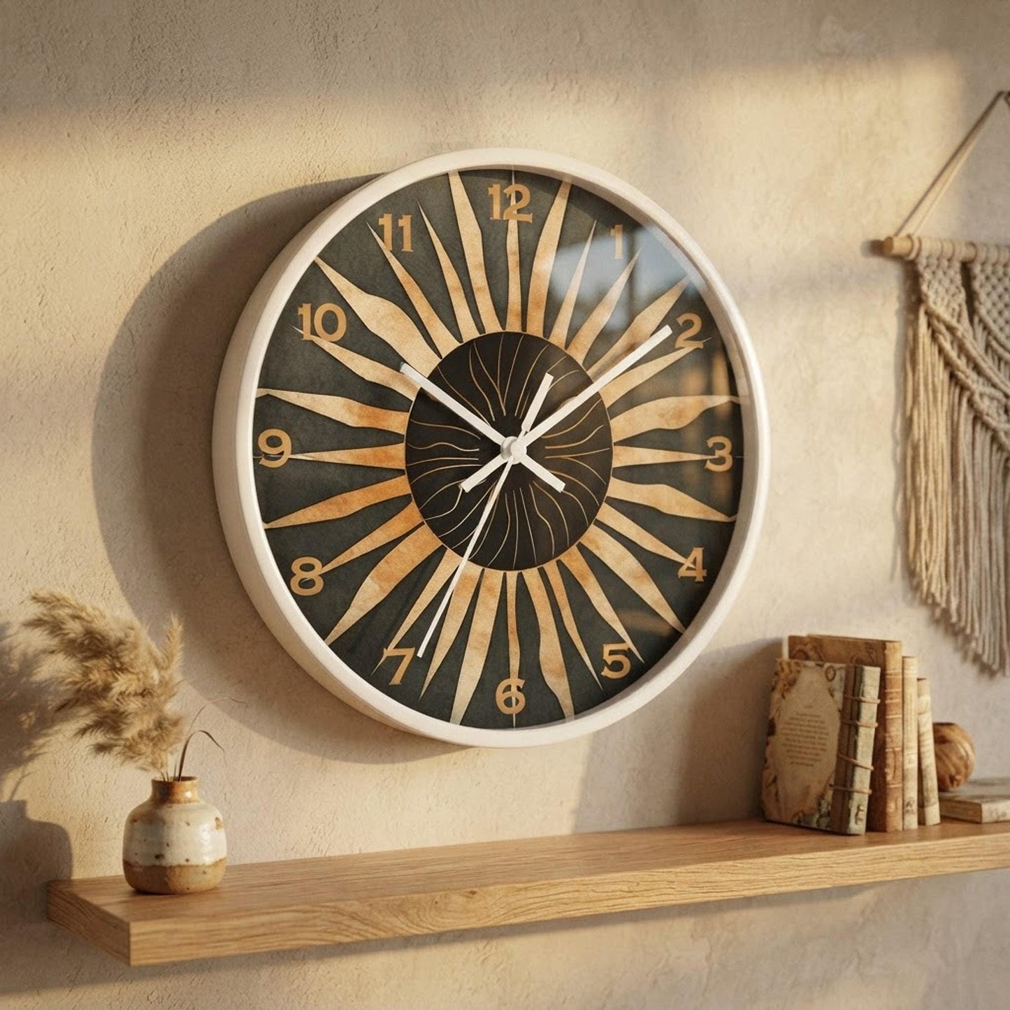 Retro Starburst Wall Clock, Wooden Frame with Clear Plexiglas Face, Silent Mechanism