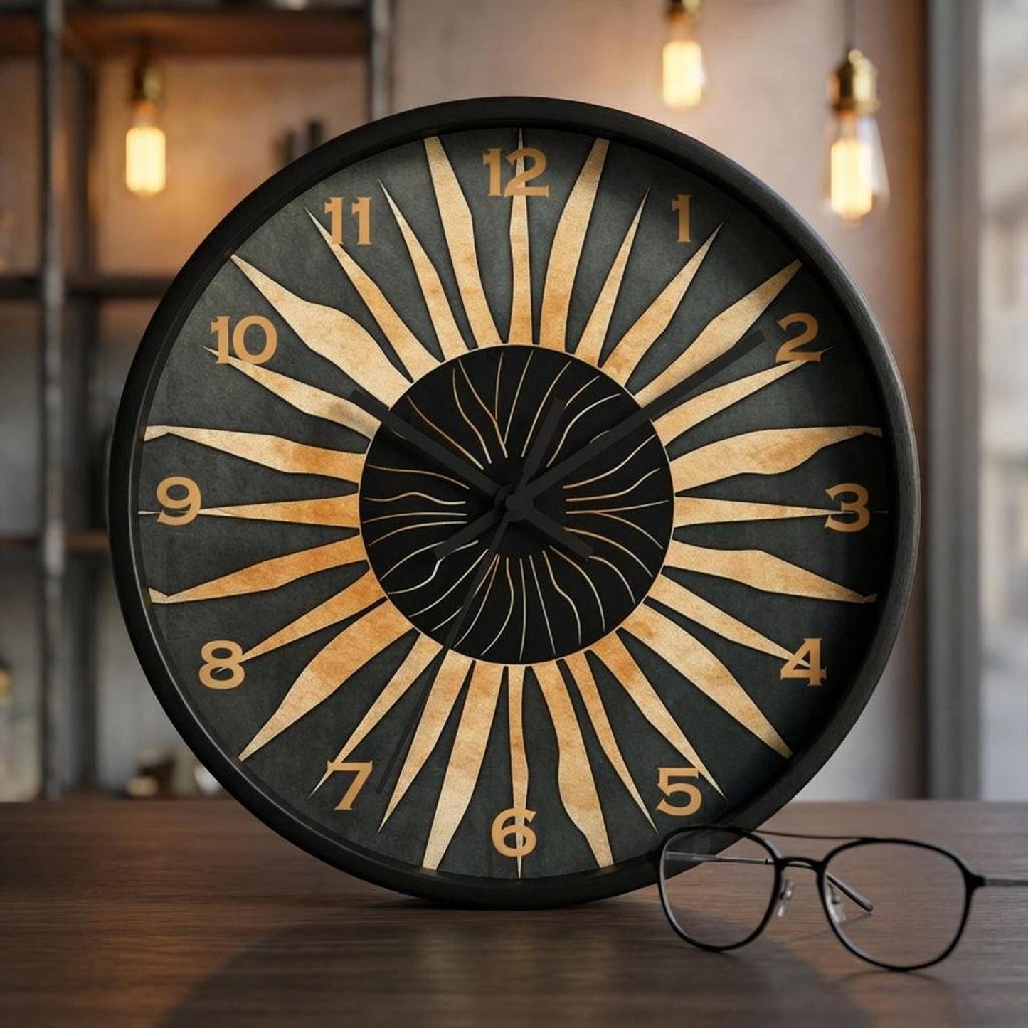 Retro Starburst Wall Clock, Wooden Frame with Clear Plexiglas Face, Silent Mechanism