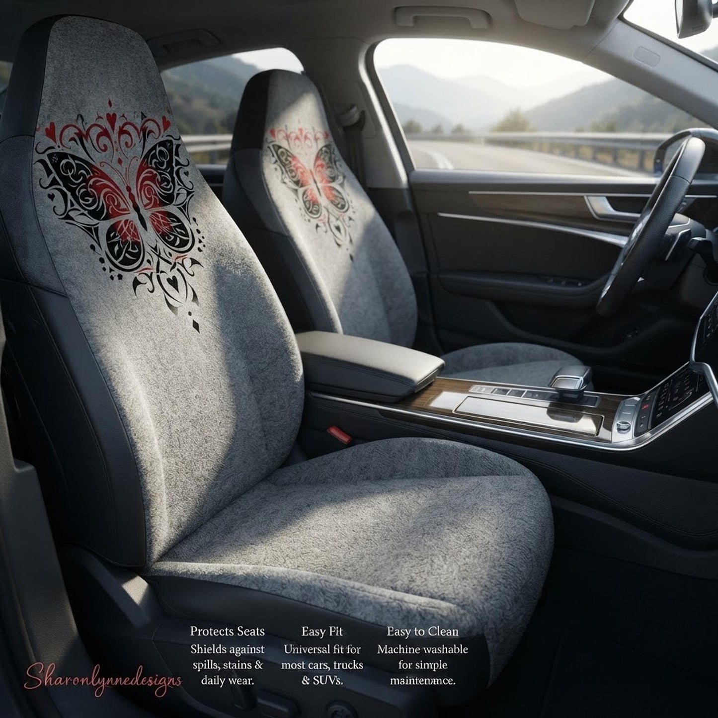 Automotive Protector, Gray Butterfly Car Seat Covers, Polyester Set of Two
