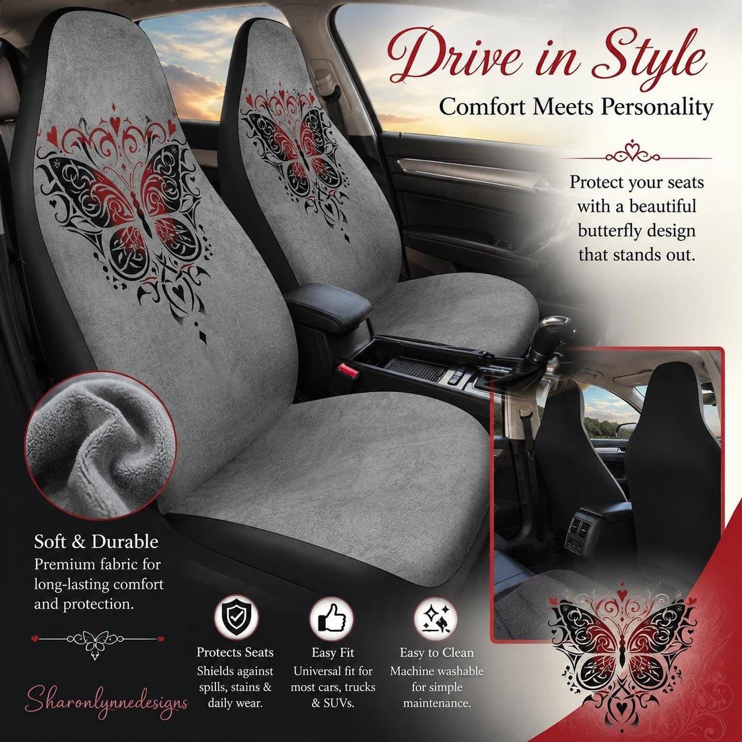 Automotive Protector, Gray Butterfly Car Seat Covers, Polyester Set of Two