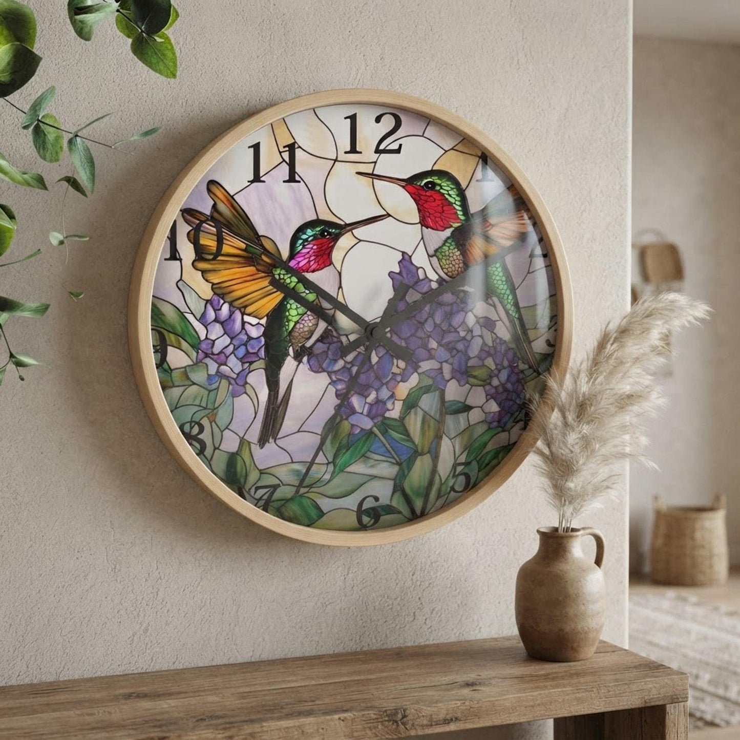 Silent Wall Clock With Colorful Hummingbird Design, 10 x 10 Inch, Plexiglass And Wood