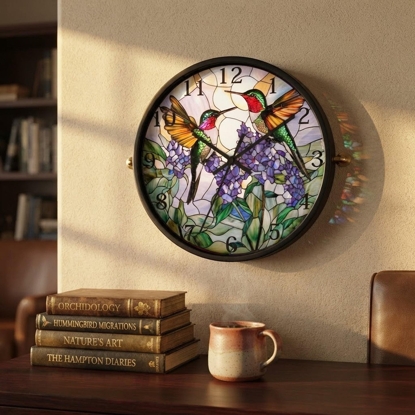 Silent Wall Clock With Colorful Hummingbird Design, 10 x 10 Inch, Plexiglass And Wood