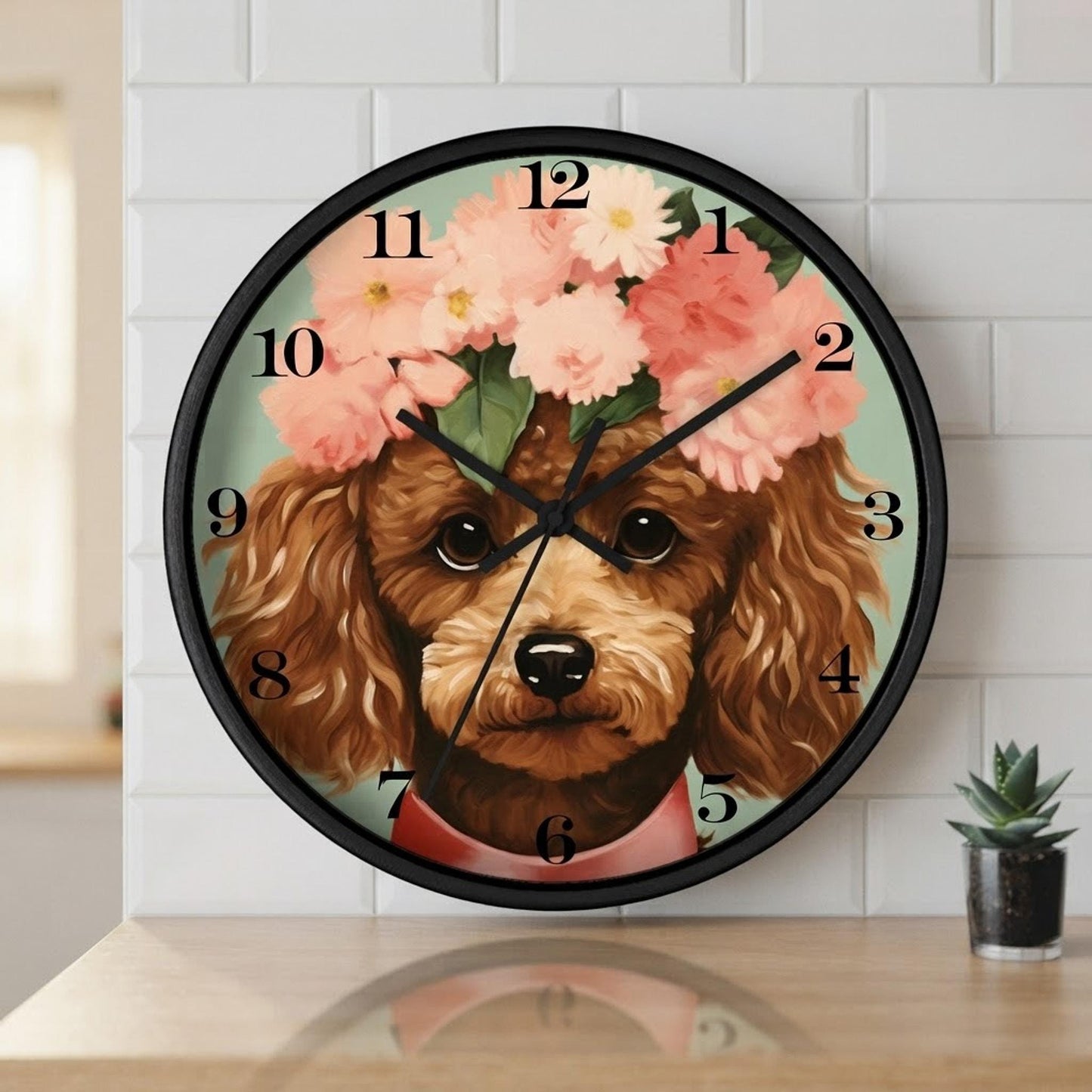 Miniature Whimsical Poodle Wall Clock, Wood And Plexiglass, Silent Mechanism