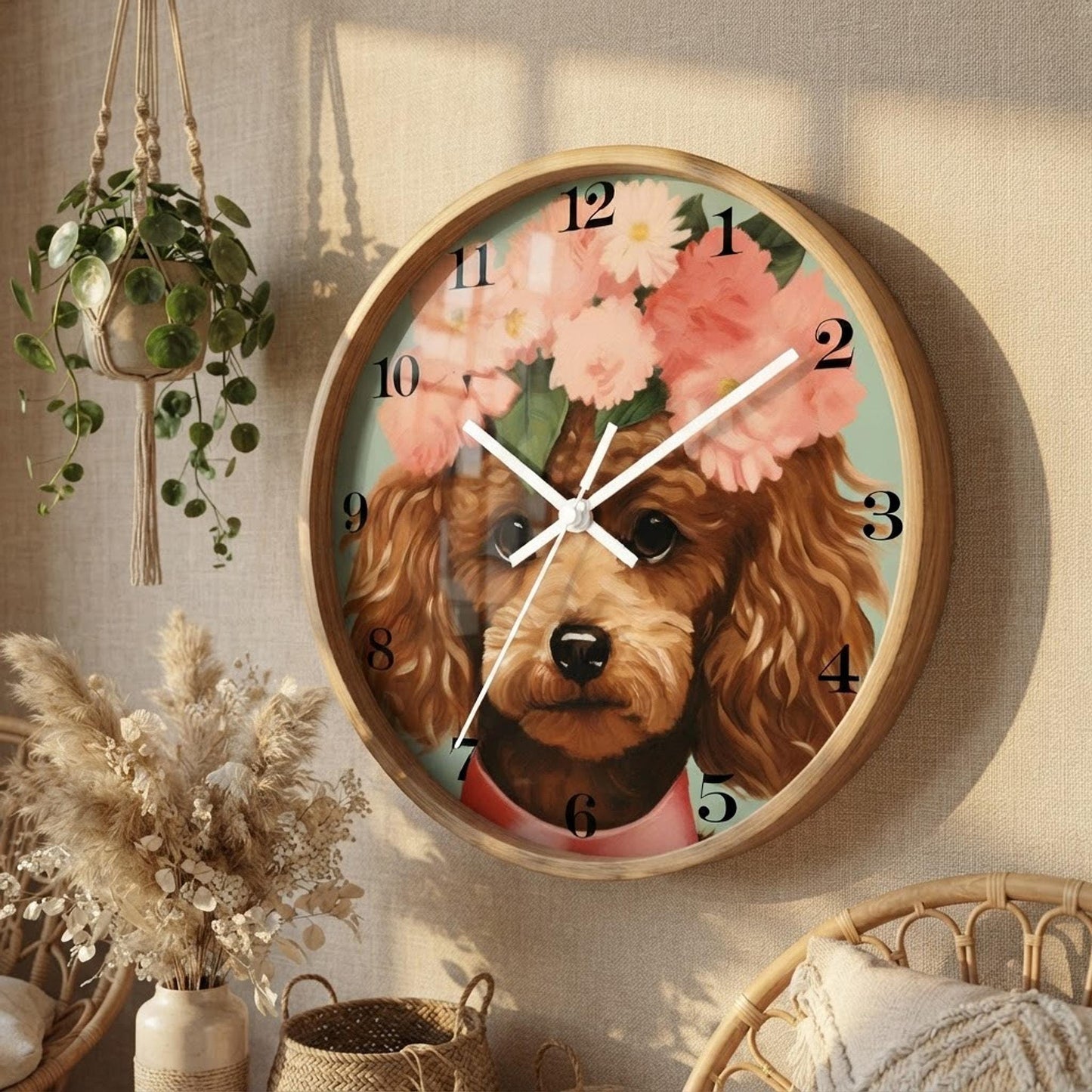 Miniature Whimsical Poodle Wall Clock, Wood And Plexiglass, Silent Mechanism