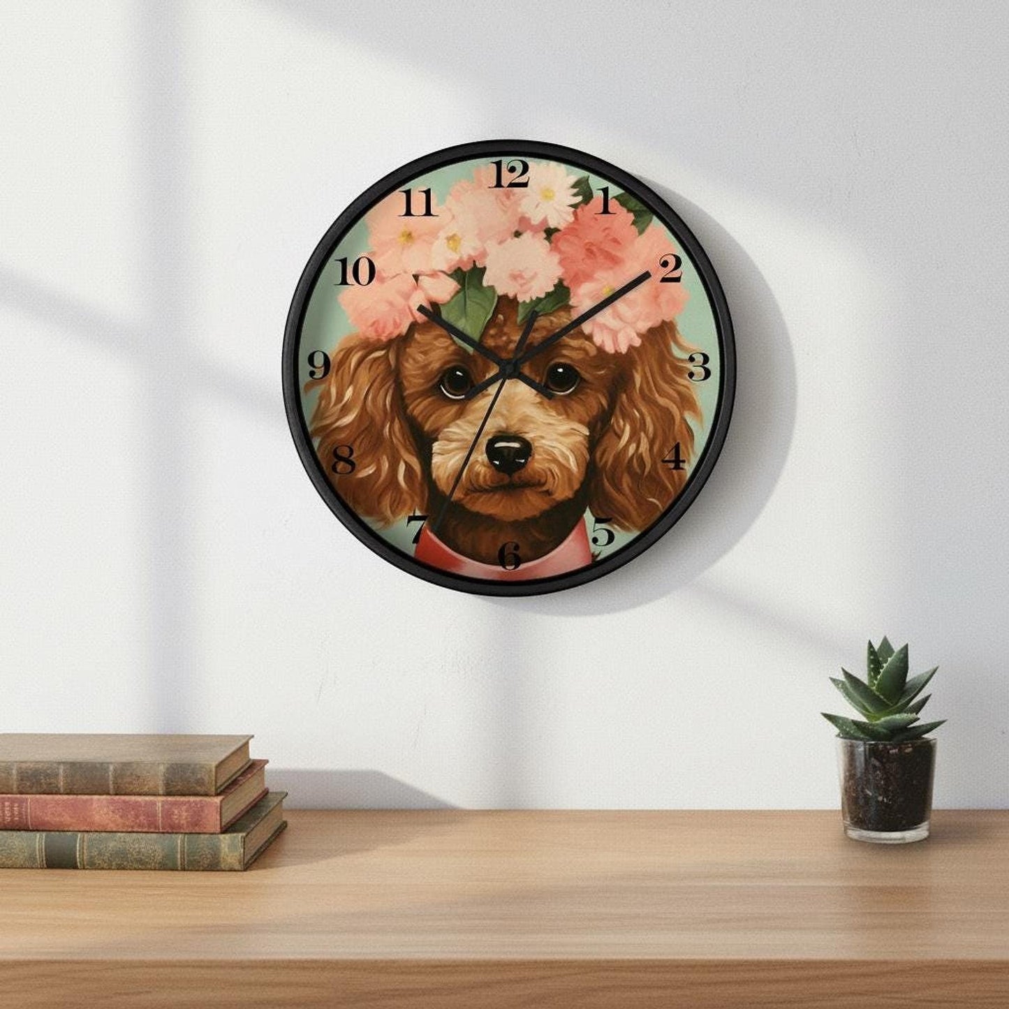 Miniature Whimsical Poodle Wall Clock, Wood And Plexiglass, Silent Mechanism