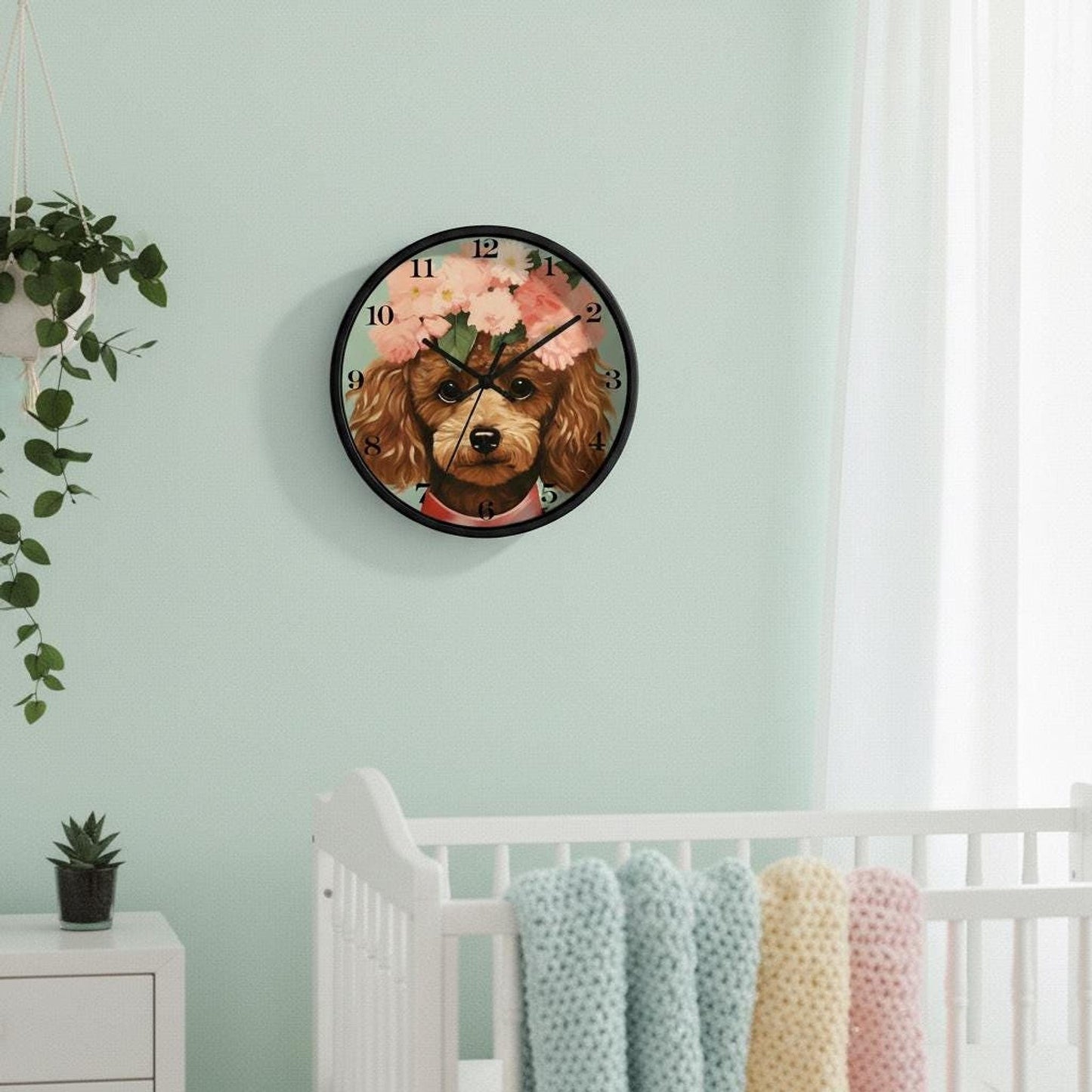 Miniature Whimsical Poodle Wall Clock, Wood And Plexiglass, Silent Mechanism