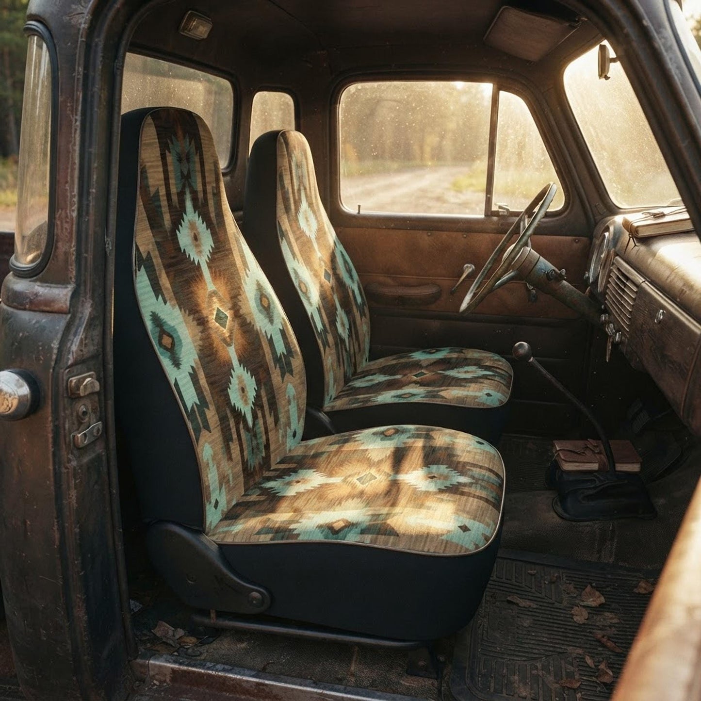 Car Seat Covers, Blue And Brown Polyester Set with Elastic Fastening