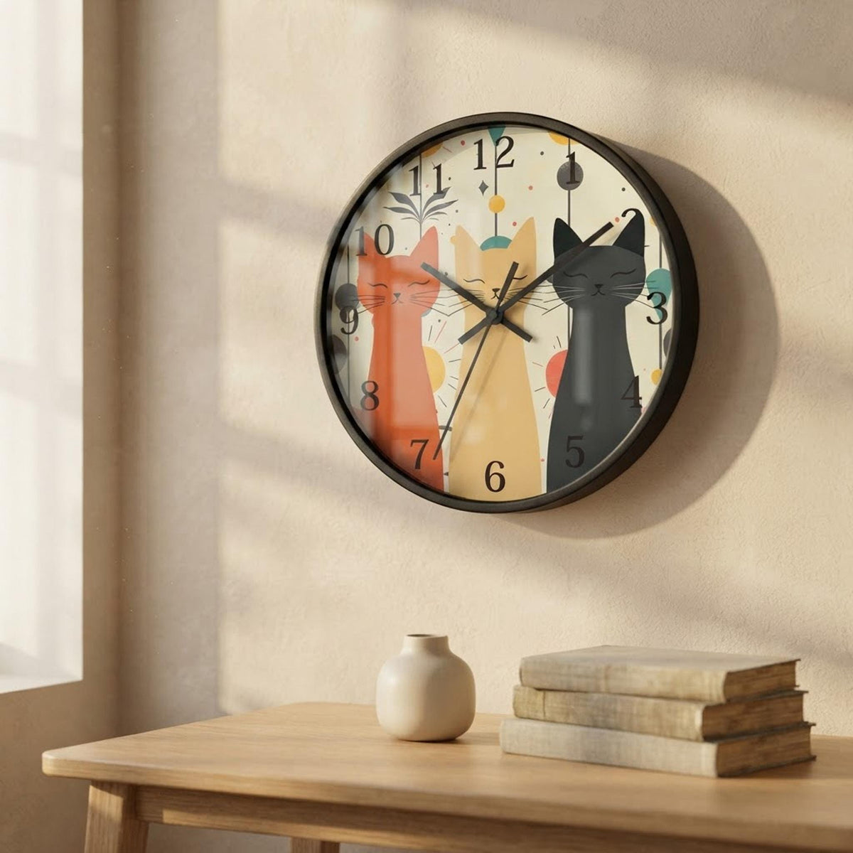 Retro Cat Silent Wall Clock, Whimsical Feline Design, Plexiglass Face, 10 Inches