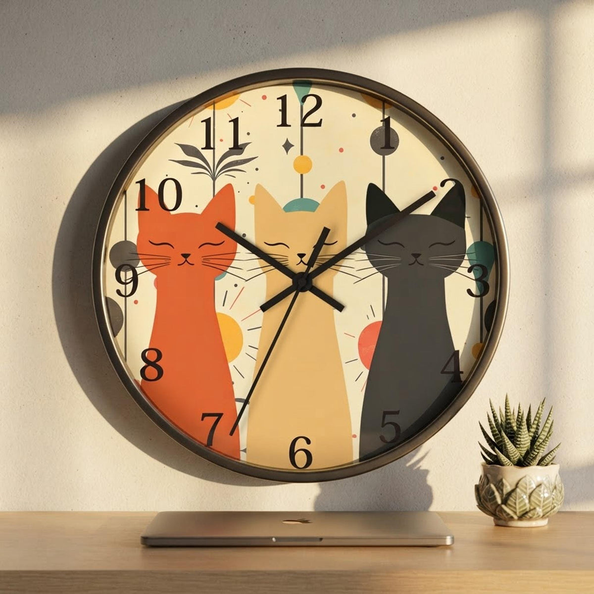 Retro Cat Silent Wall Clock, Whimsical Feline Design, Plexiglass Face, 10 Inches