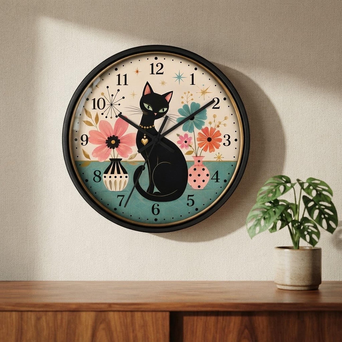 Silent Wall Clock, Mid-Century Floral Cat Design, 100% Wood Frame 10 x 10