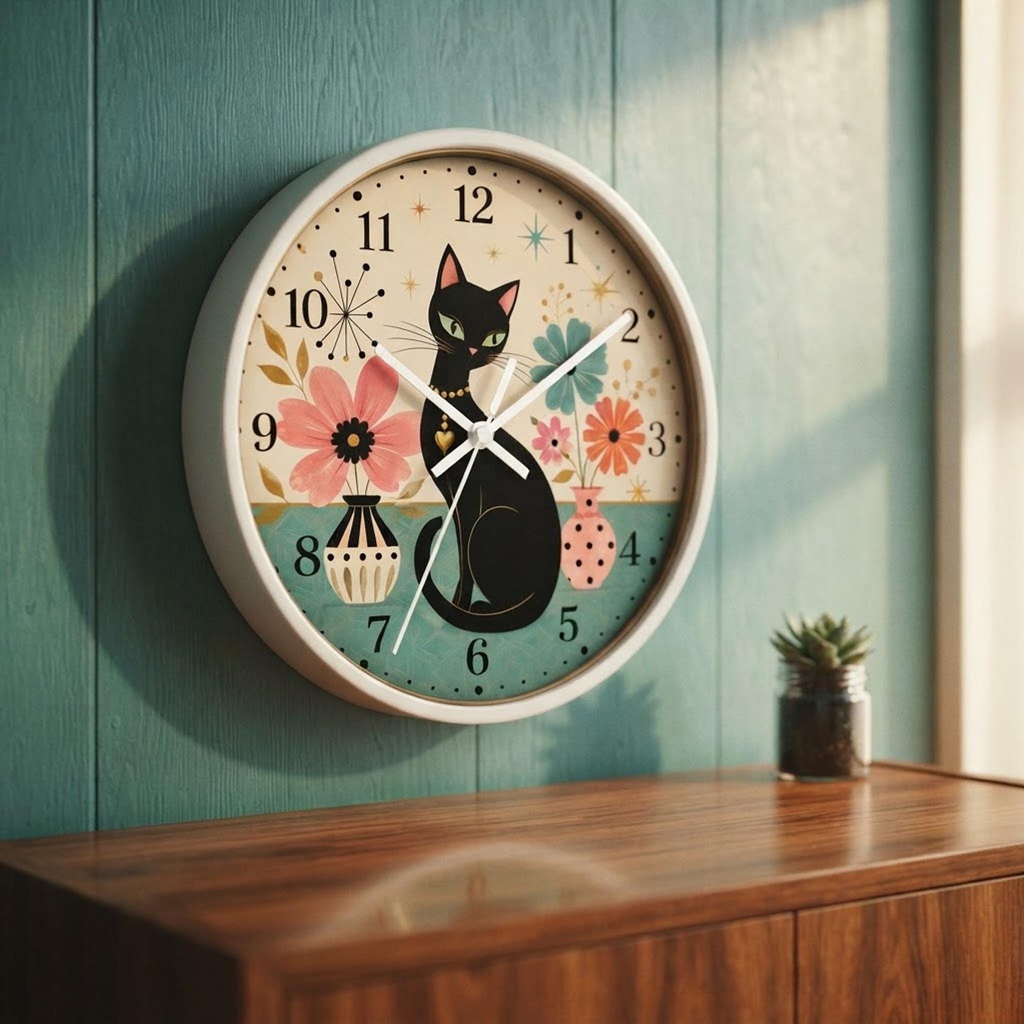 Silent Wall Clock, Mid-Century Floral Cat Design, 100% Wood Frame 10 x 10