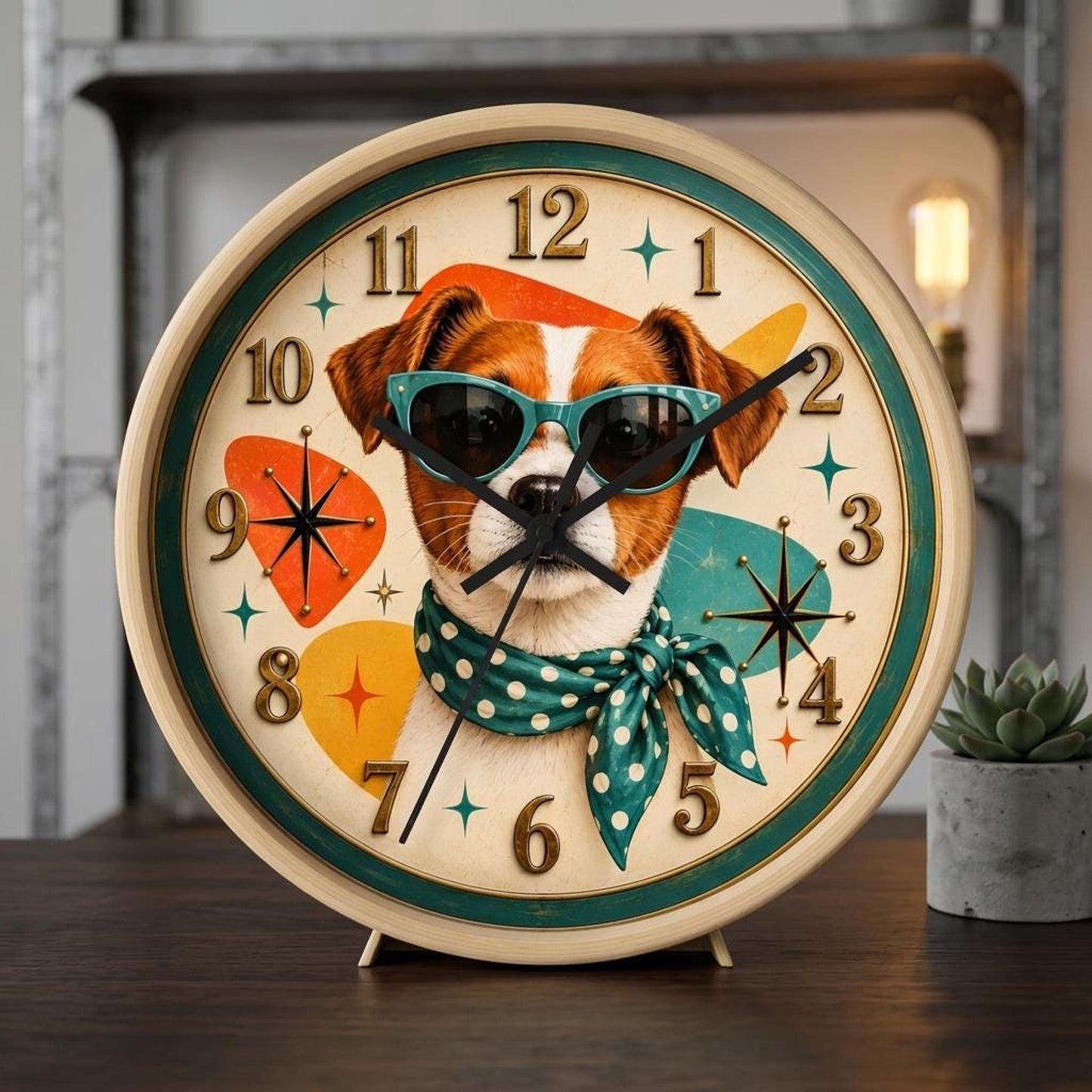 Atomic Wall Clock, 10-Inch Mid-Century Dog Art with Silent Mechanism
