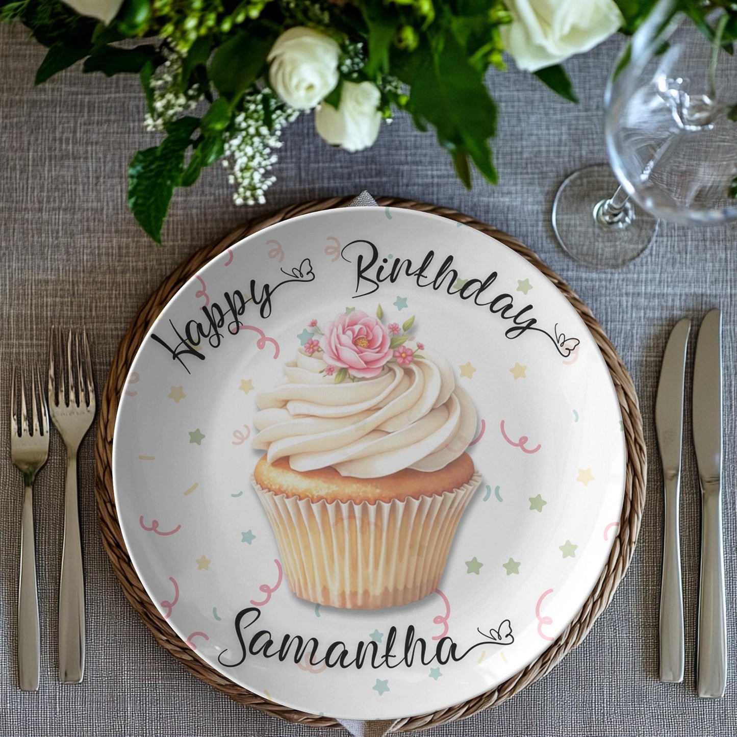 Decorative Tableware Cupcake Birthday Plate, Personalized 10-Inch ThermoSaf Polymer, Dishwasher Safe