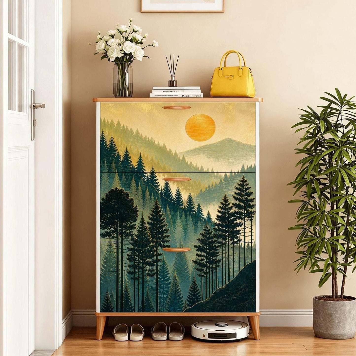 Golden Mountain Shoe Cabinet – Scenic Forest Entryway Storage | Made in USA