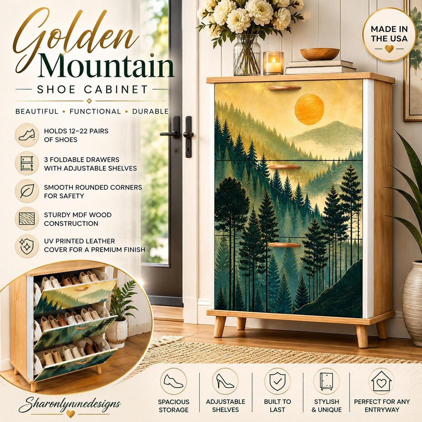 Golden Mountain Shoe Cabinet – Scenic Forest Entryway Storage | Made in USA
