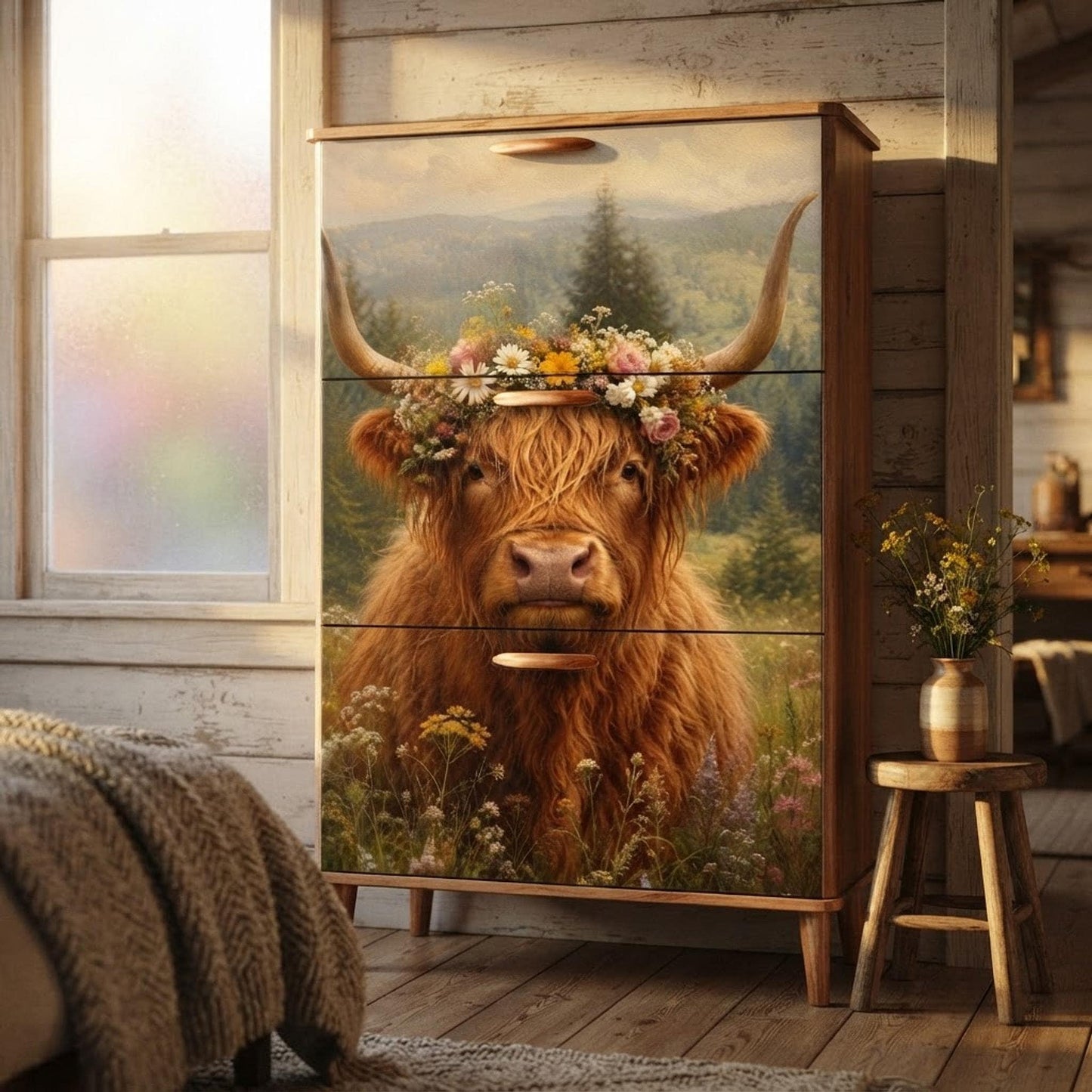 Highland Cow Shoe Cabinet, Farmhouse Entryway Storage, Floral Meadow Organizer