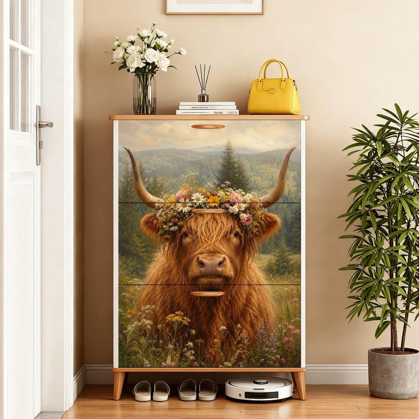 Highland Cow Shoe Cabinet, Farmhouse Entryway Storage, Floral Meadow Organizer