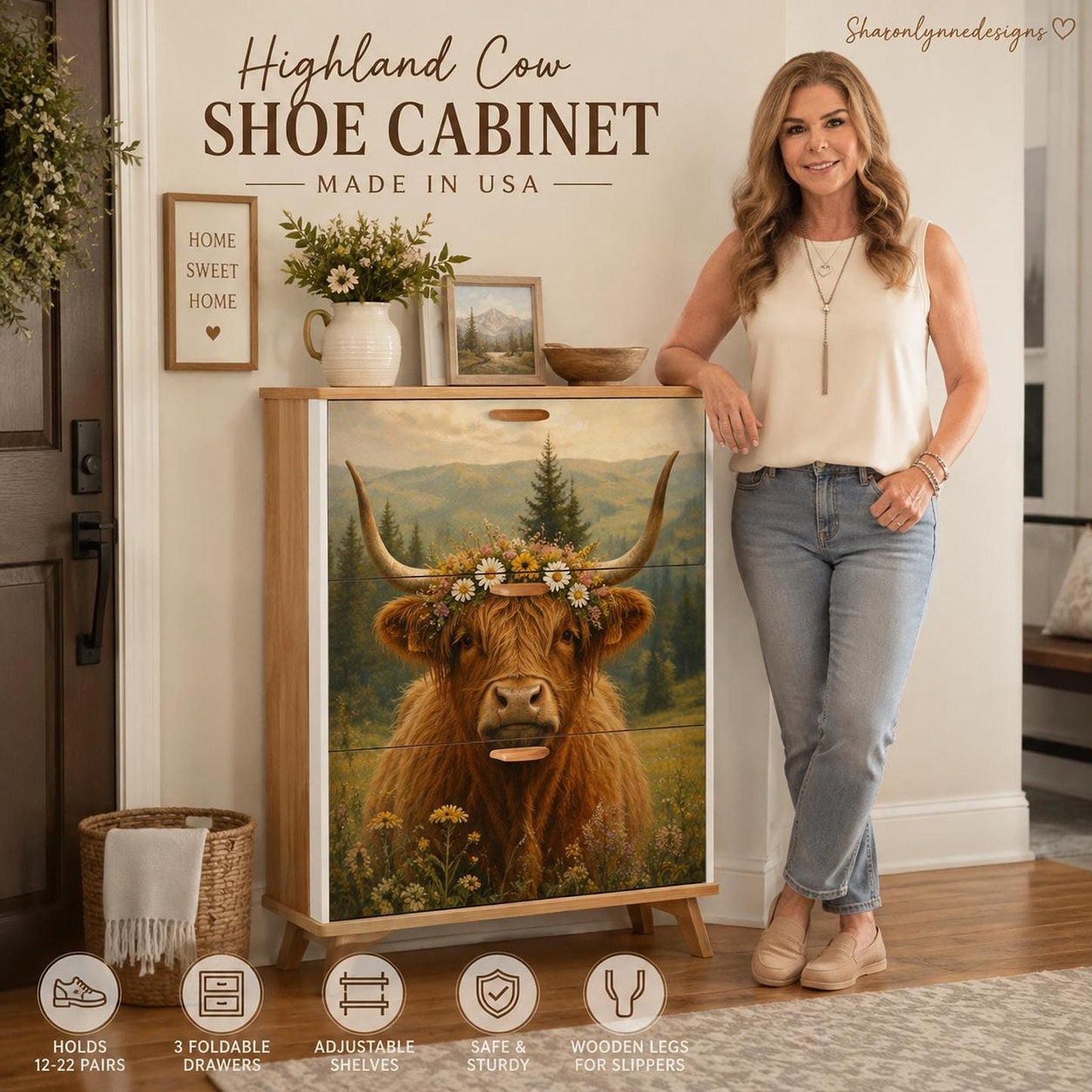 Highland Cow Shoe Cabinet, Farmhouse Entryway Storage, Floral Meadow Organizer