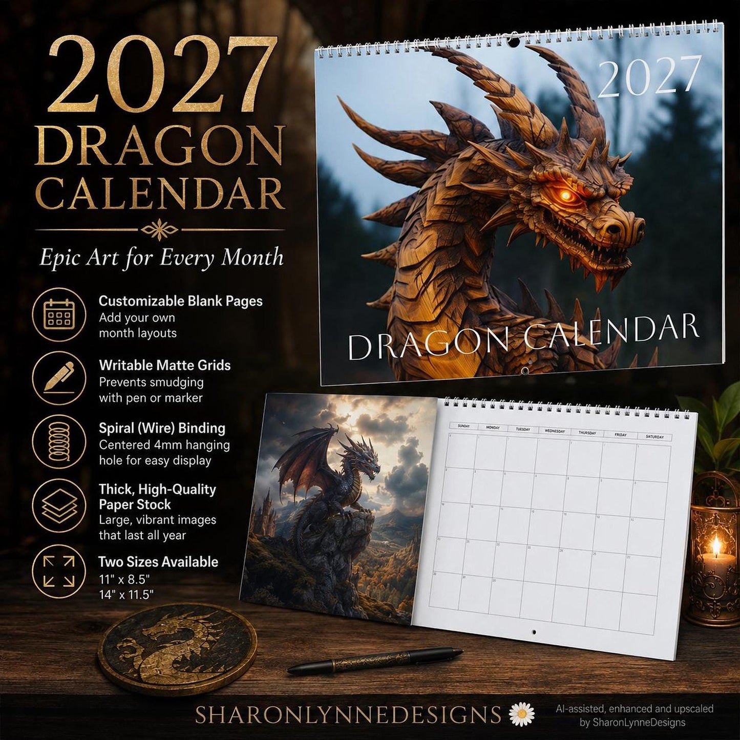 2027 Fiery Dragon Wall Calendar | Fantasy Art, Customizable Grid