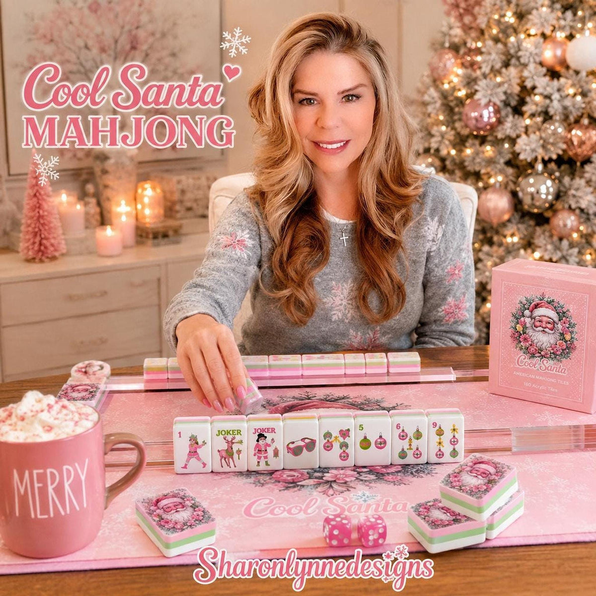 Pink American Mahjong Set, 160 Acrylic Tiles with Santa Holiday Artwork
