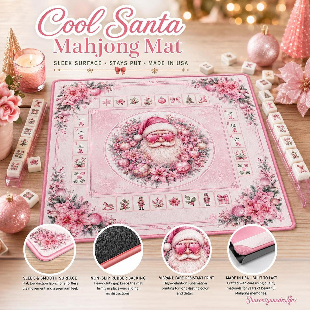 Pink Santa Mahjong Mat | Non-Slip Rubber Game Table Cover (Made in USA)