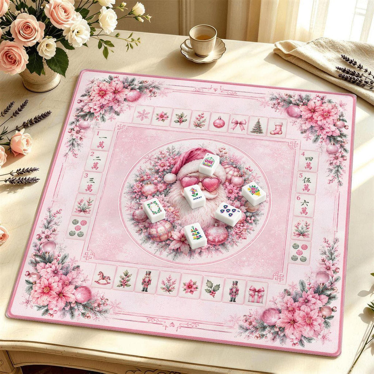 Pink Santa Mahjong Mat | Non-Slip Rubber Game Table Cover (Made in USA)
