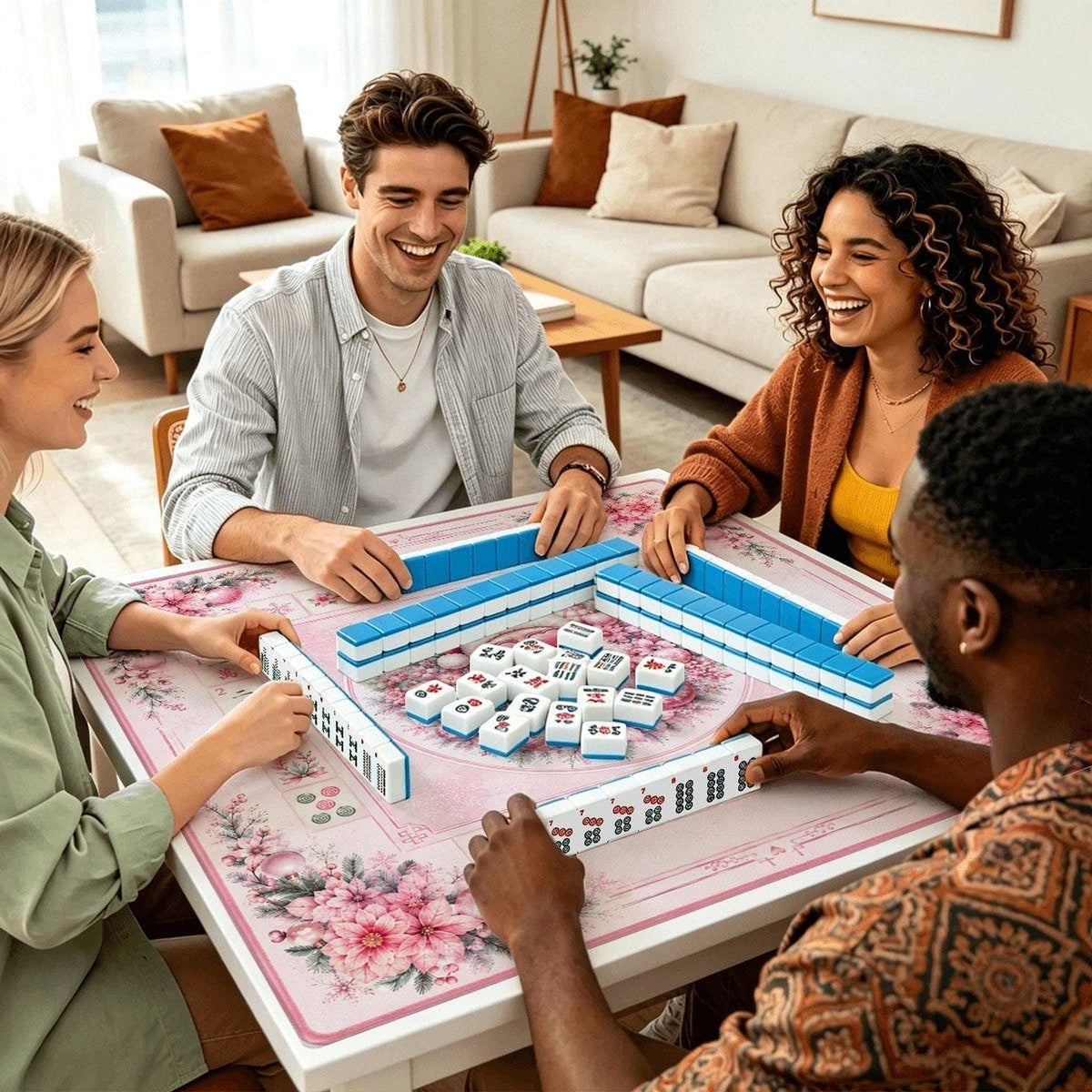 Pink Santa Mahjong Mat | Non-Slip Rubber Game Table Cover (Made in USA)