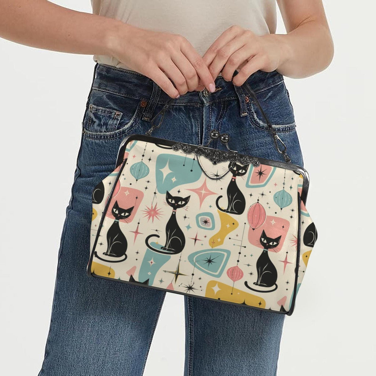 Pastel Cat Purse, Waxed PU Leather Kisslock Crossbody with Removable Strap