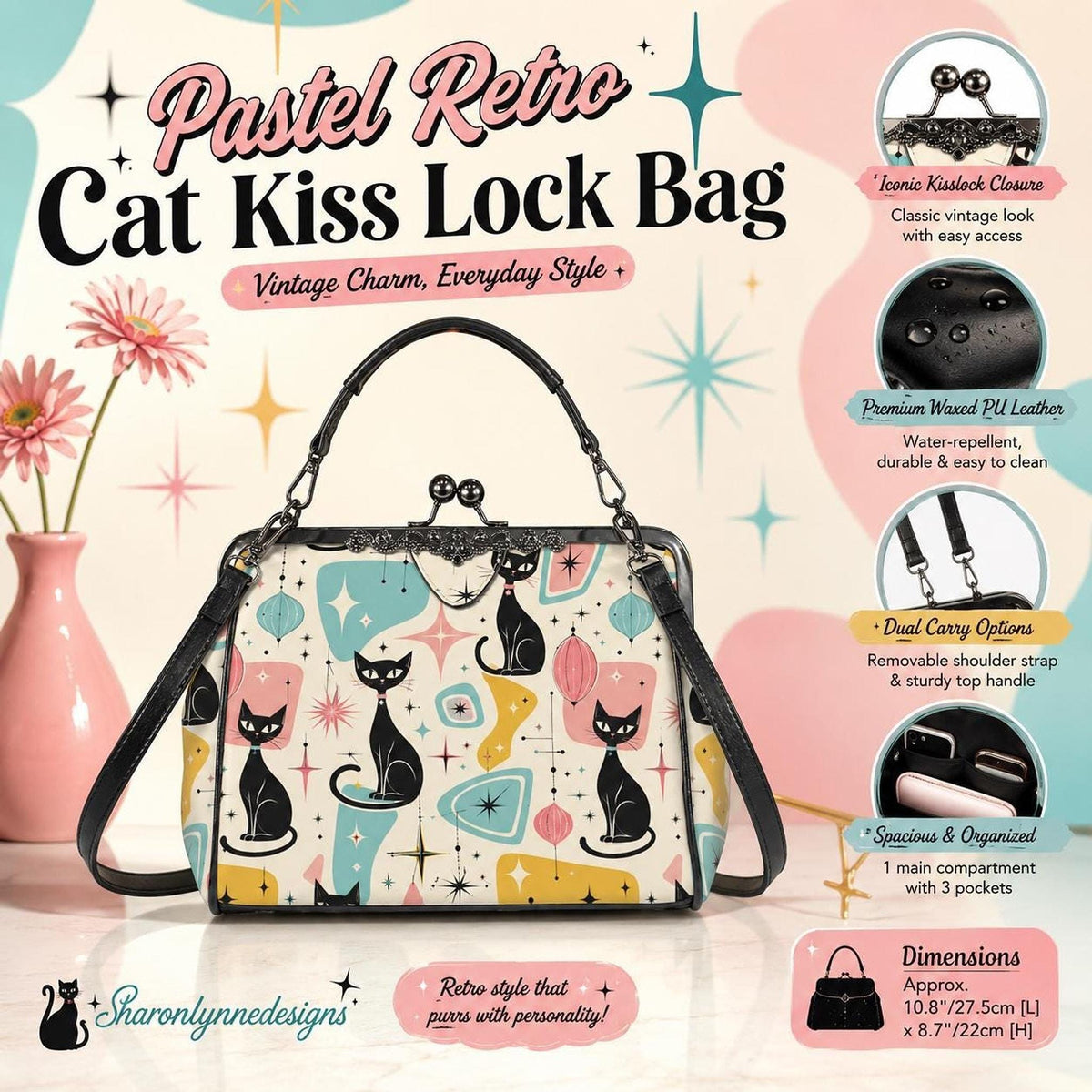 Pastel Cat Purse, Waxed PU Leather Kisslock Crossbody with Removable Strap