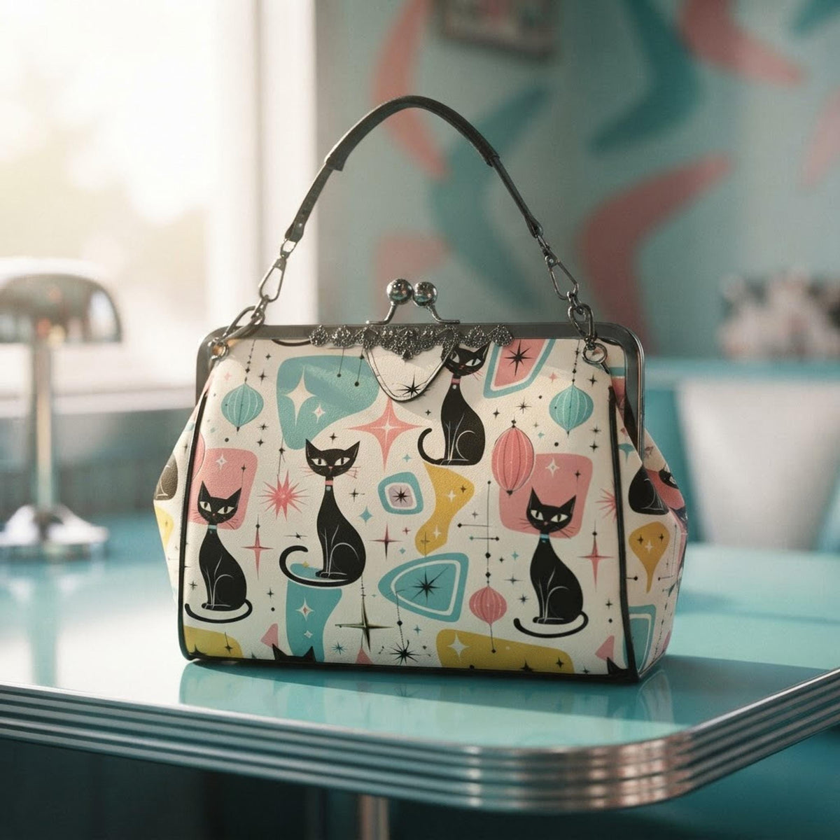 Pastel Cat Purse, Waxed PU Leather Kisslock Crossbody with Removable Strap