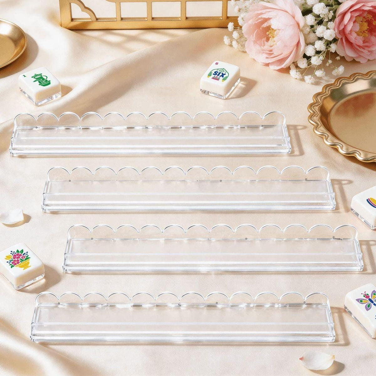 Clear Acrylic Mahjong Racks, Set of 4 with Scalloped Magnetic Pushers, 20.08-Inch Extended Design