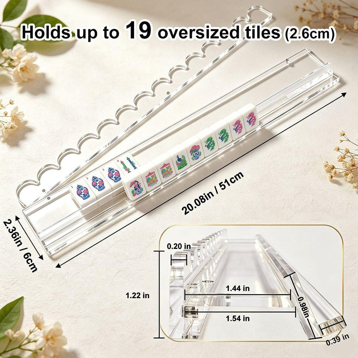 Clear Acrylic Mahjong Racks, Set of 4 with Scalloped Magnetic Pushers, 20.08-Inch Extended Design