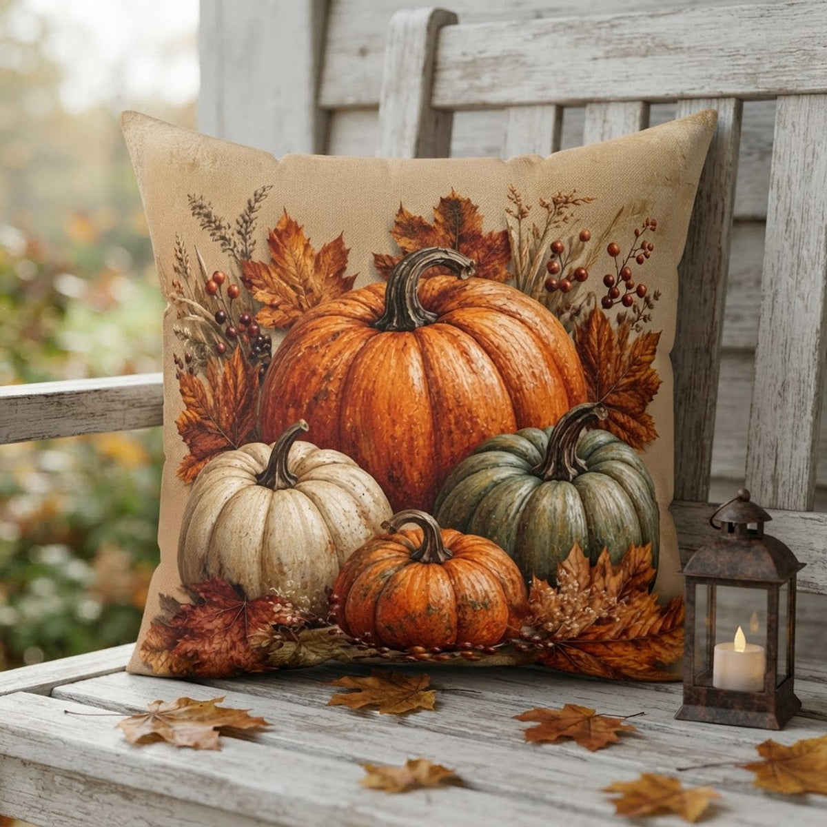 Autumn Pillow Cover, Beige Faux Suede Square with Double-Sided Pumpkin Print