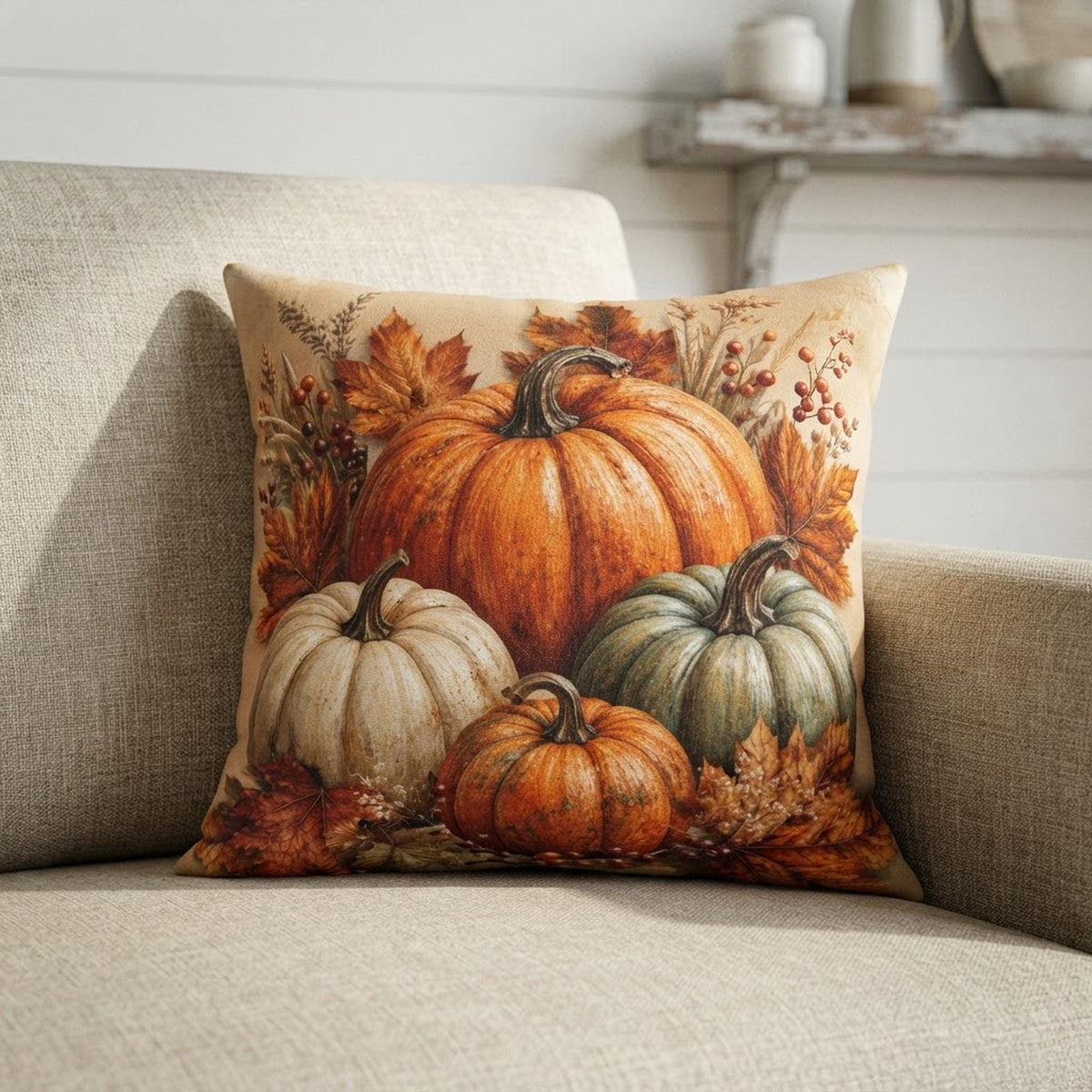 Autumn Pillow Cover, Beige Faux Suede Square with Double-Sided Pumpkin Print