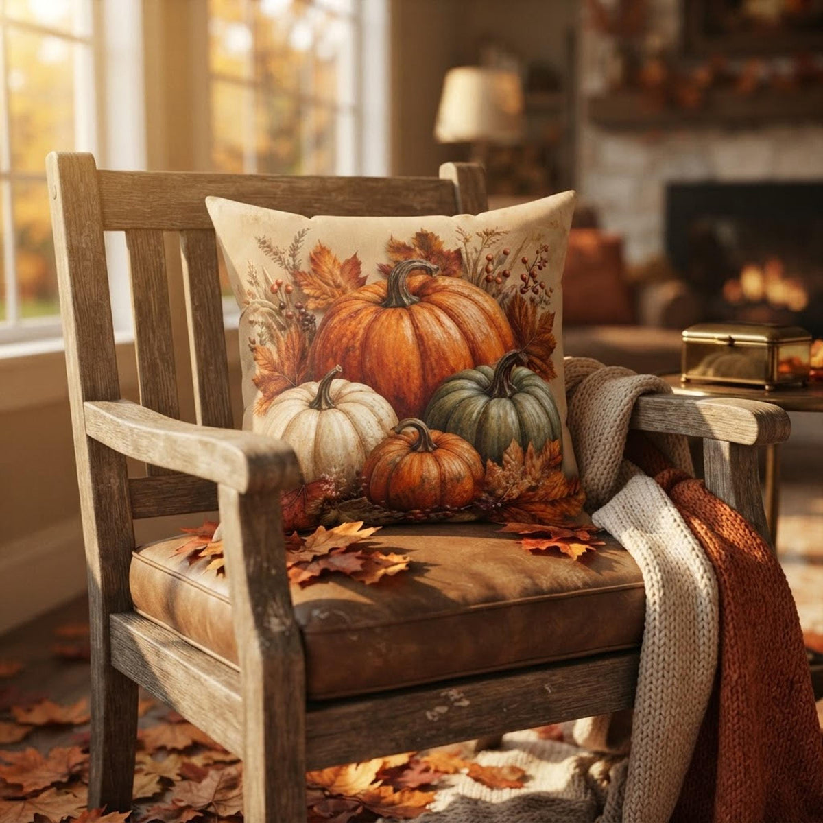 Autumn Pillow Cover, Beige Faux Suede Square with Double-Sided Pumpkin Print