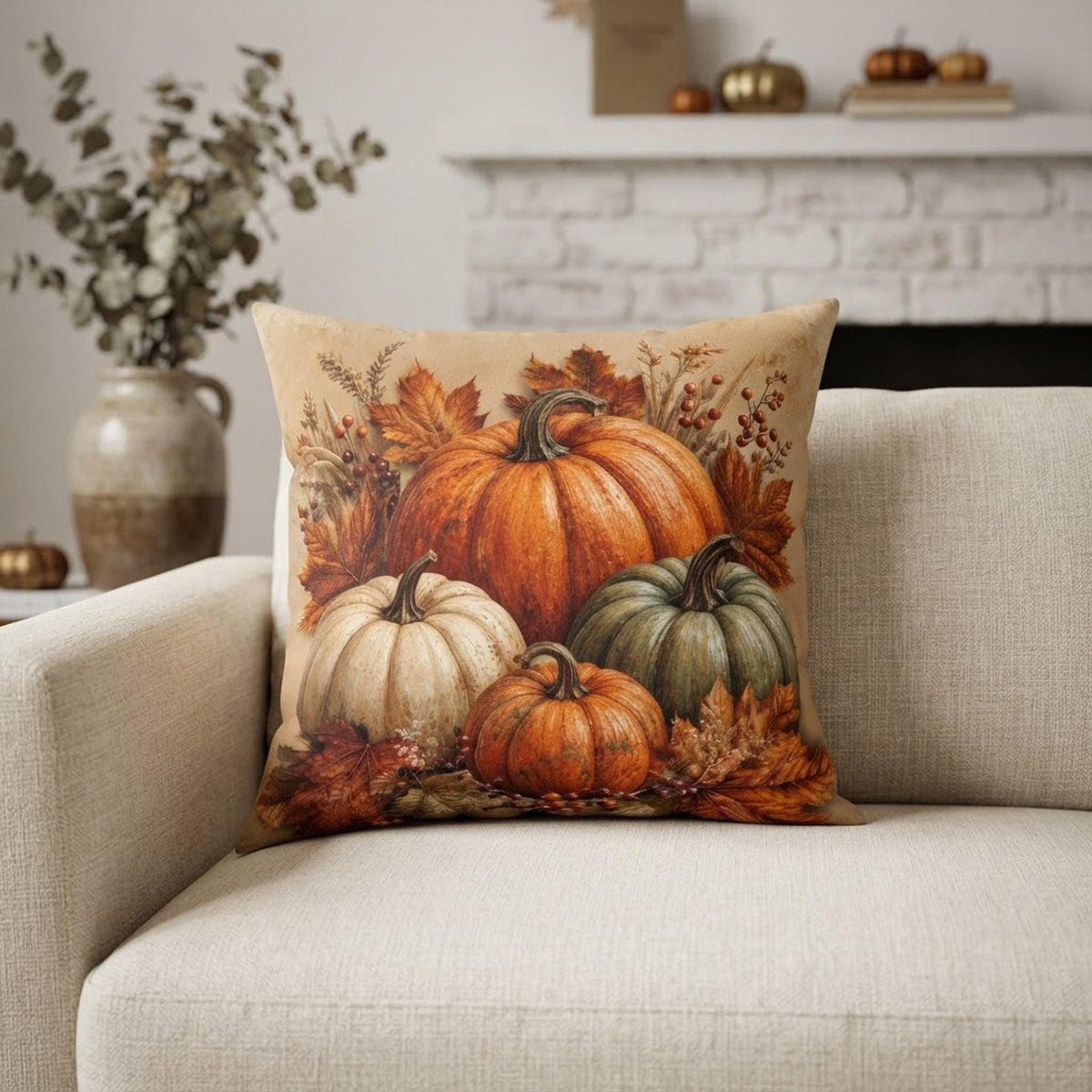 Autumn Pillow Cover, Beige Faux Suede Square with Double-Sided Pumpkin Print