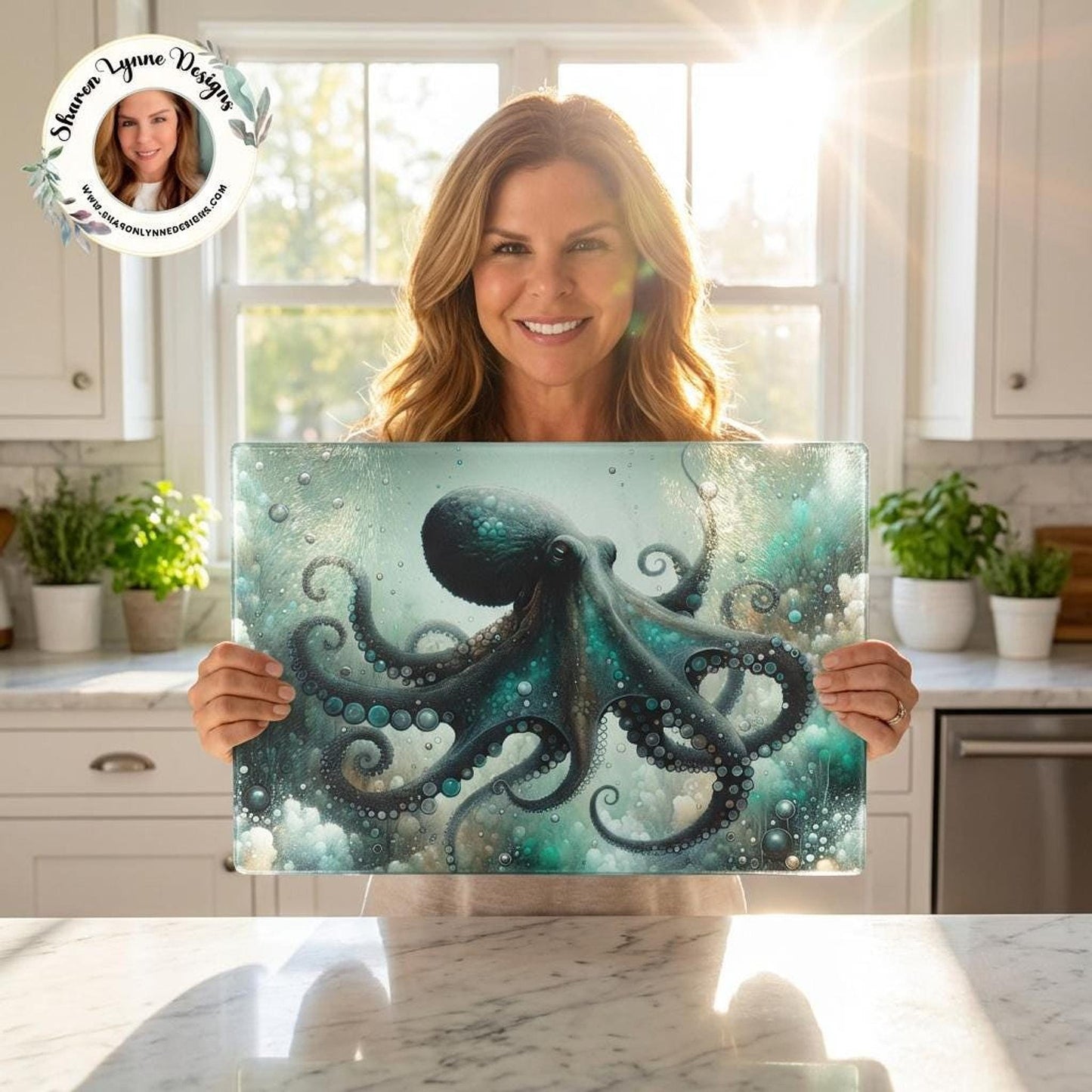 Preparation Chopping Tempered Glass Cutting Board, Watercolor Octopus Design, Two Sizes
