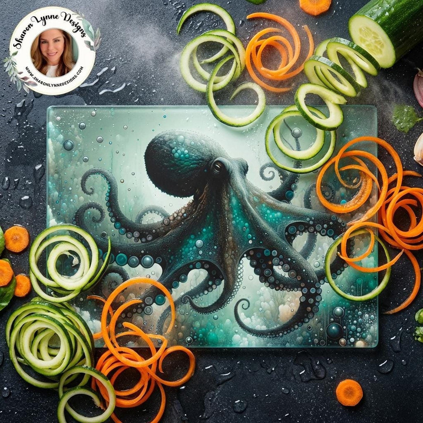 Preparation Chopping Tempered Glass Cutting Board, Watercolor Octopus Design, Two Sizes