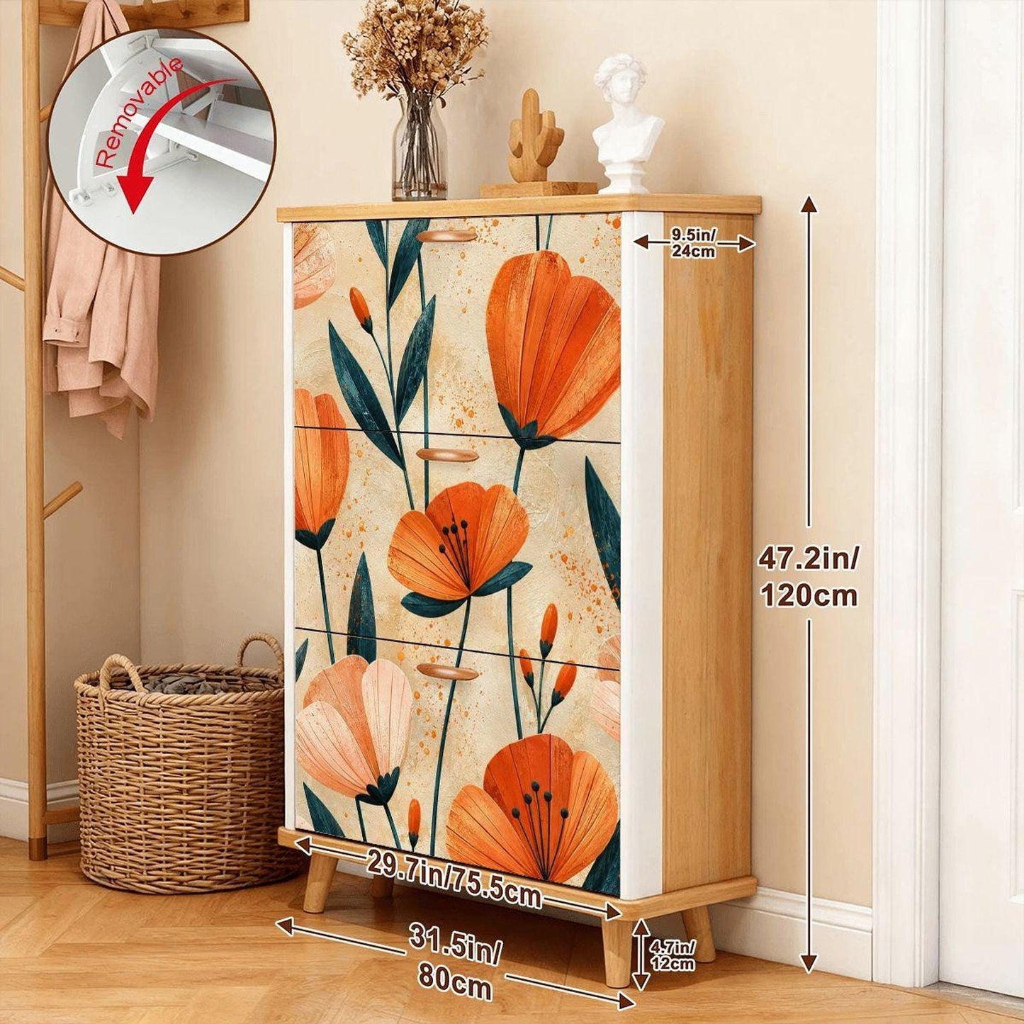 Floral Shoe Cabinet, MDF Wood with Three Foldable Drawers and Adjustable Shelves