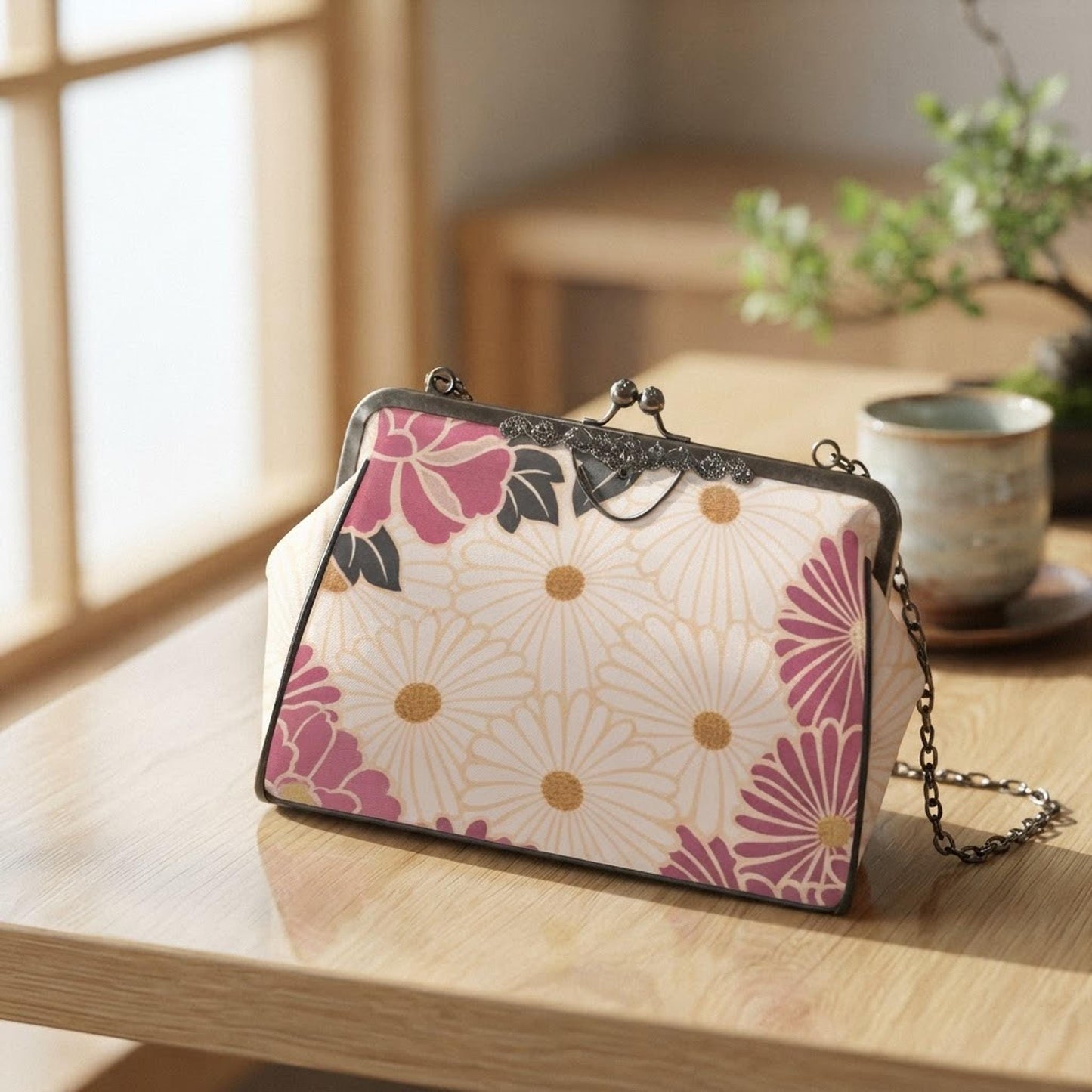 Pink Flower Kiss Lock Bag – Vintage Floral Crossbody Shoulder Purse