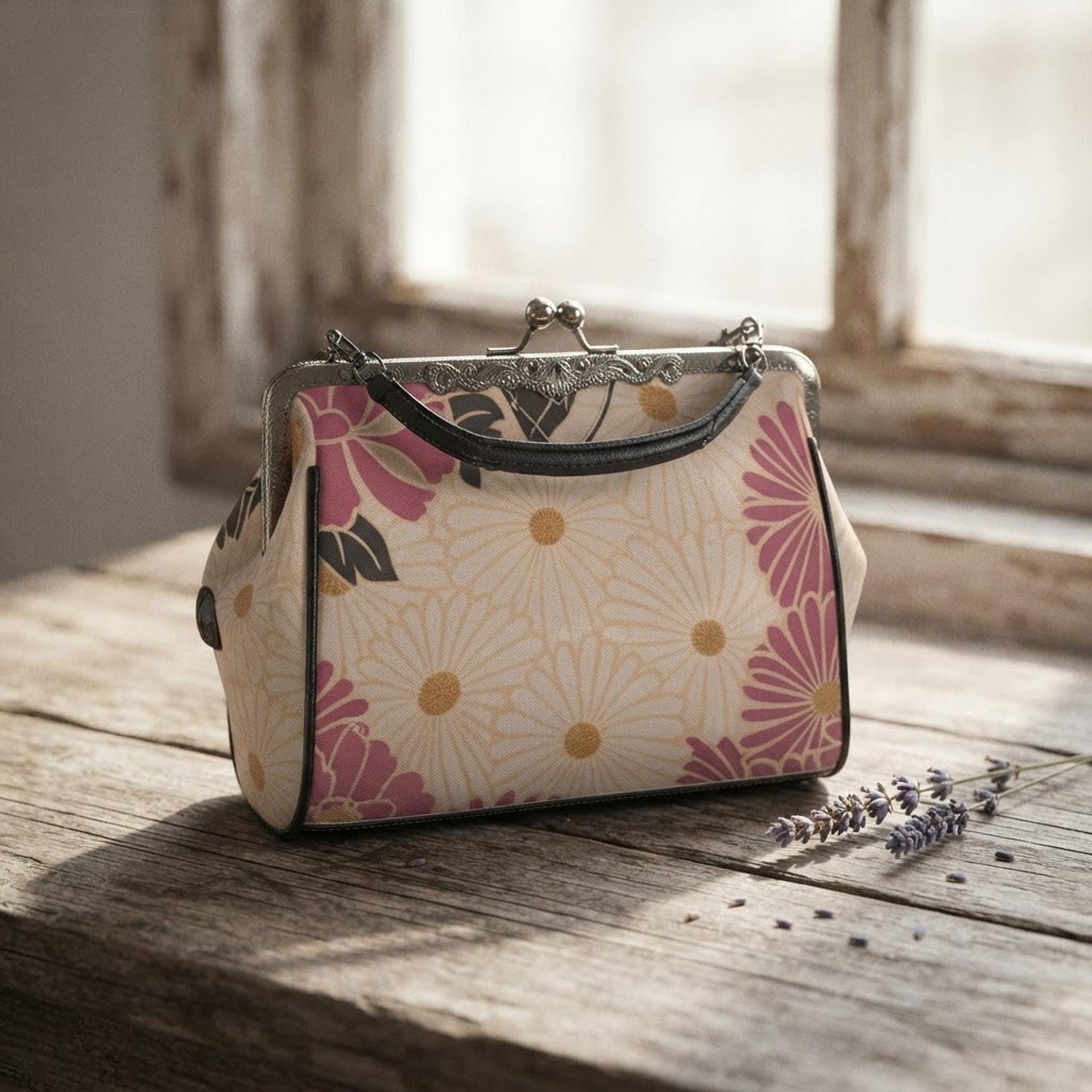 Pink Flower Kiss Lock Bag – Vintage Floral Crossbody Shoulder Purse