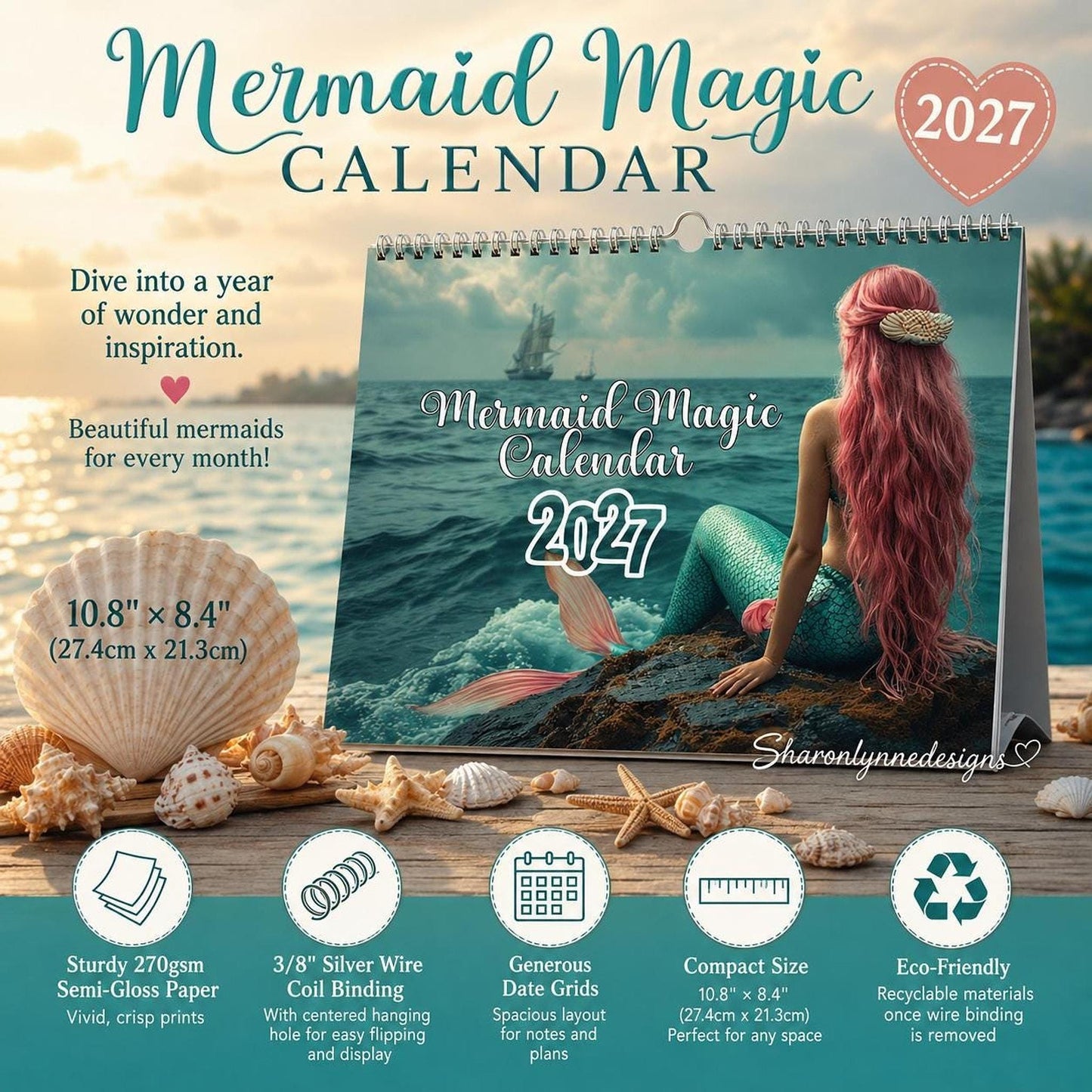 Mermaid Calendar 2027, Semi-Gloss Paper with Wire Binding, 10.8 × 8.4 Inches